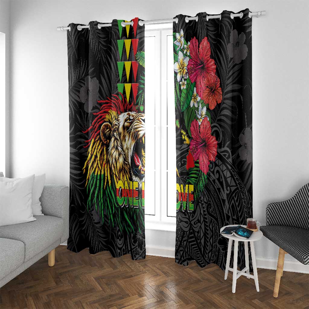 Hawaiian One Love Window Curtain Reggae Lion Tropical Plants and Kakau with Tribal Pattern LT03 With Grommets Black - Polynesian Pride