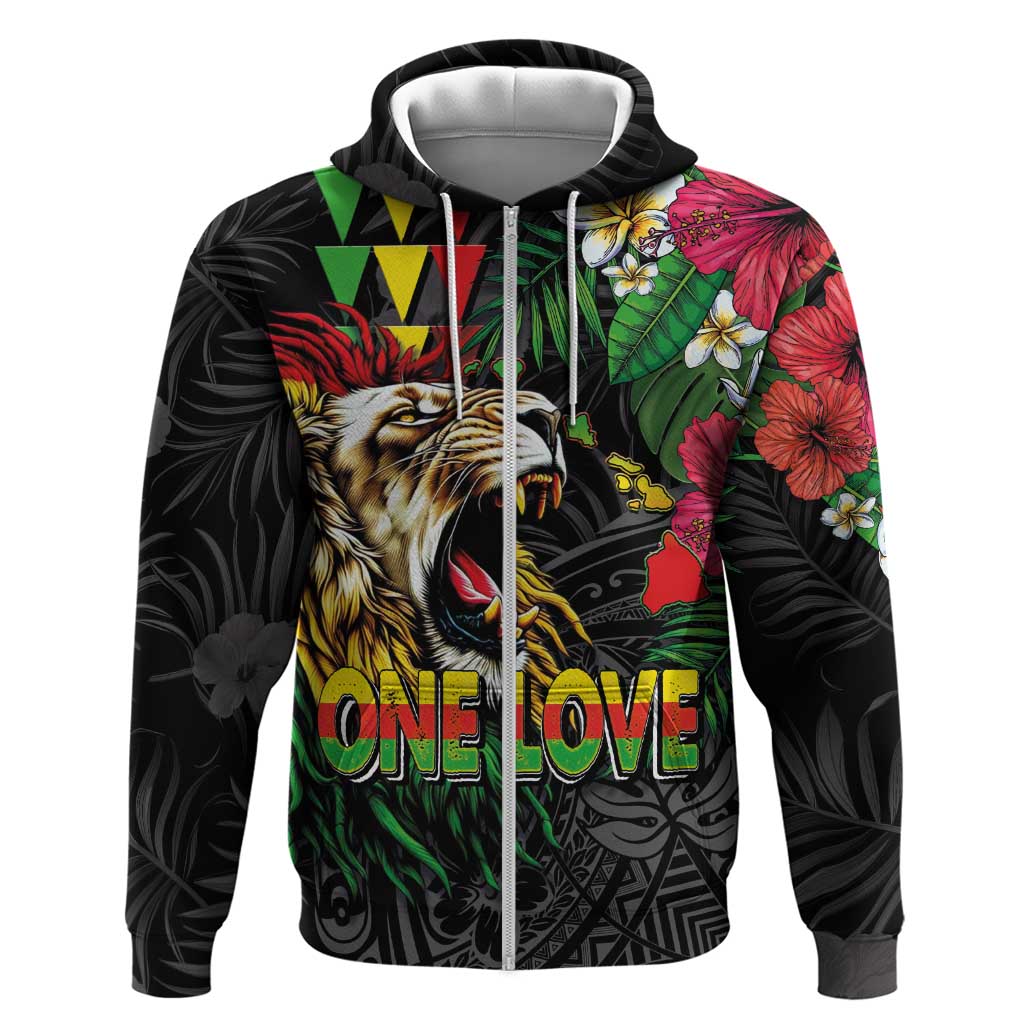 Hawaiian One Love Zip Hoodie Reggae Lion Tropical Plants and Kakau with Tribal Pattern LT03 Zip Hoodie Black - Polynesian Pride