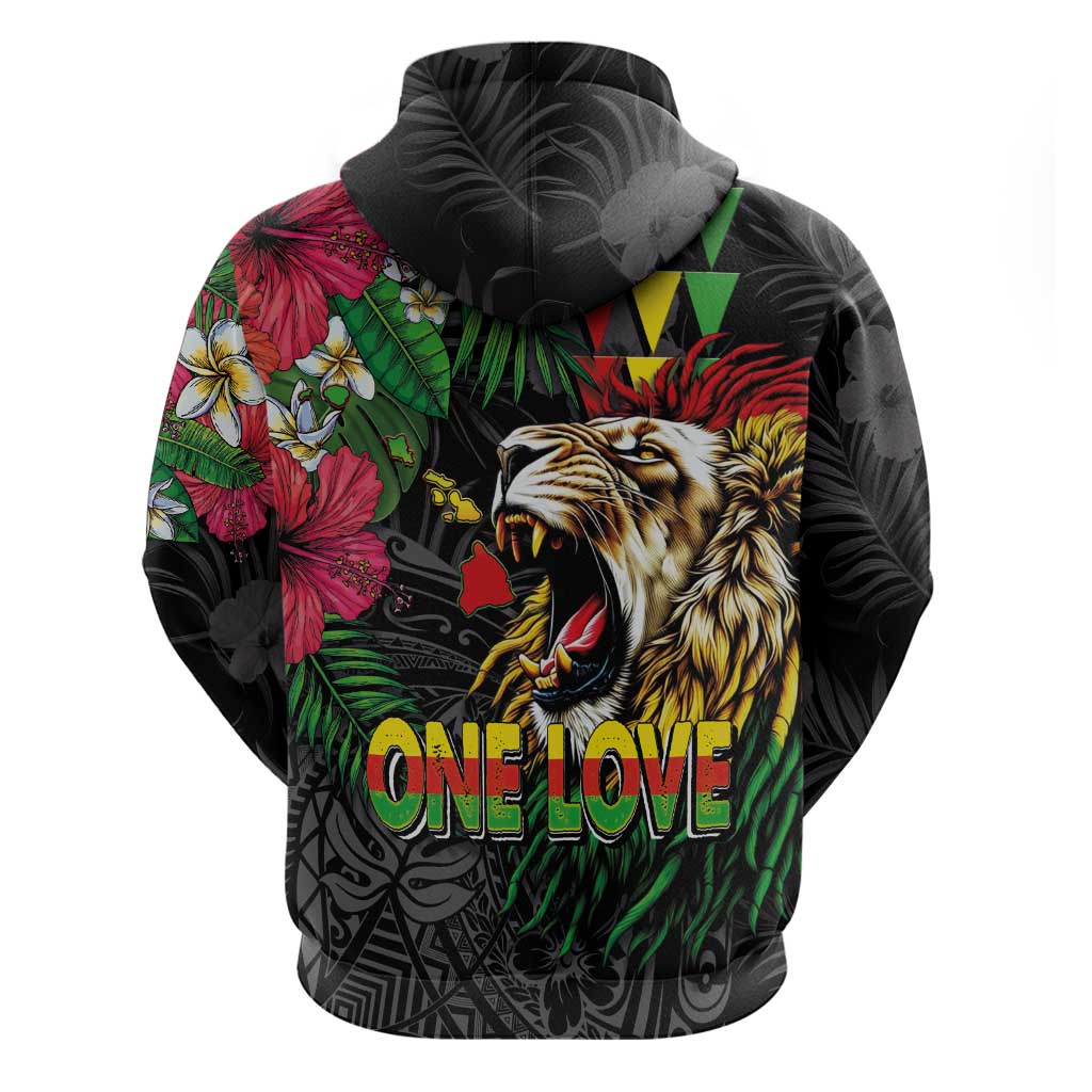 Hawaiian One Love Zip Hoodie Reggae Lion Tropical Plants and Kakau with Tribal Pattern LT03 - Polynesian Pride