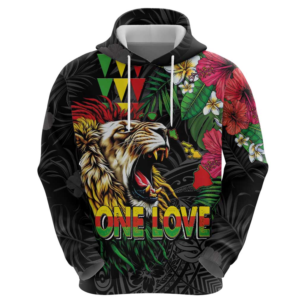 Hawaiian One Love Zip Hoodie Reggae Lion Tropical Plants and Kakau with Tribal Pattern LT03 - Polynesian Pride