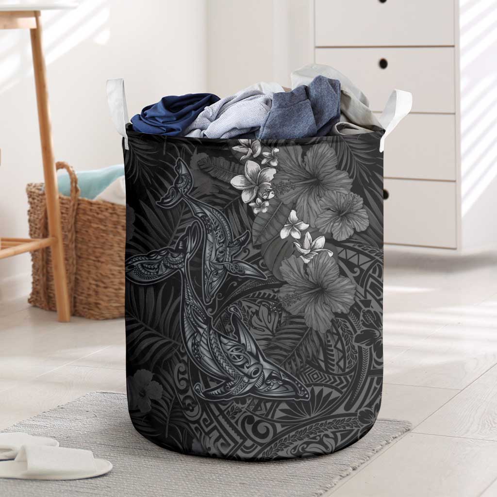 Hawaiian Tropical Plants and Tribal Whales Laundry Basket Polynesian Art Tattoo Grayscale LT03 Black - Polynesian Pride