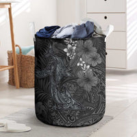 Hawaiian Tropical Plants and Tribal Whales Laundry Basket Polynesian Art Tattoo Grayscale LT03 Black - Polynesian Pride