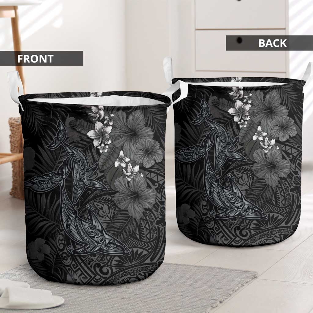 Hawaiian Tropical Plants and Tribal Whales Laundry Basket Polynesian Art Tattoo Grayscale LT03 - Polynesian Pride