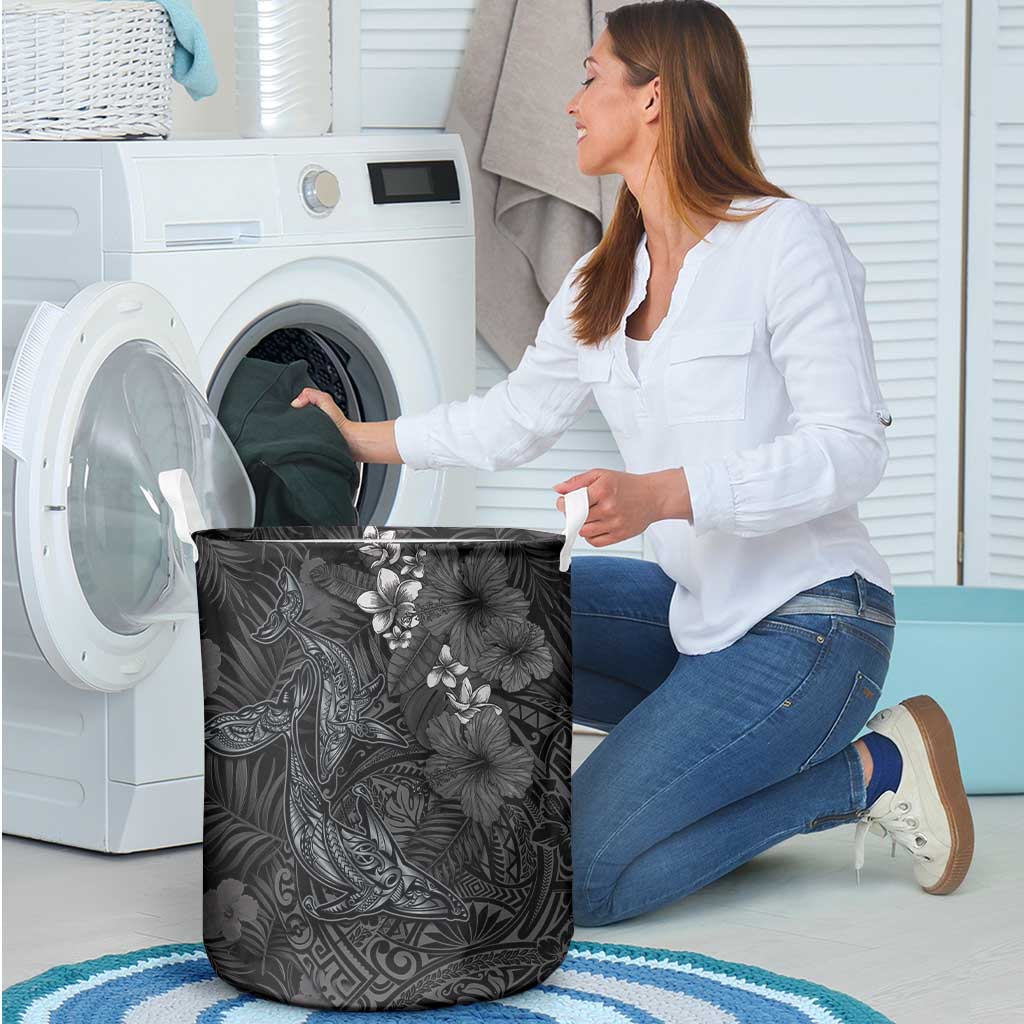 Hawaiian Tropical Plants and Tribal Whales Laundry Basket Polynesian Art Tattoo Grayscale LT03 - Polynesian Pride