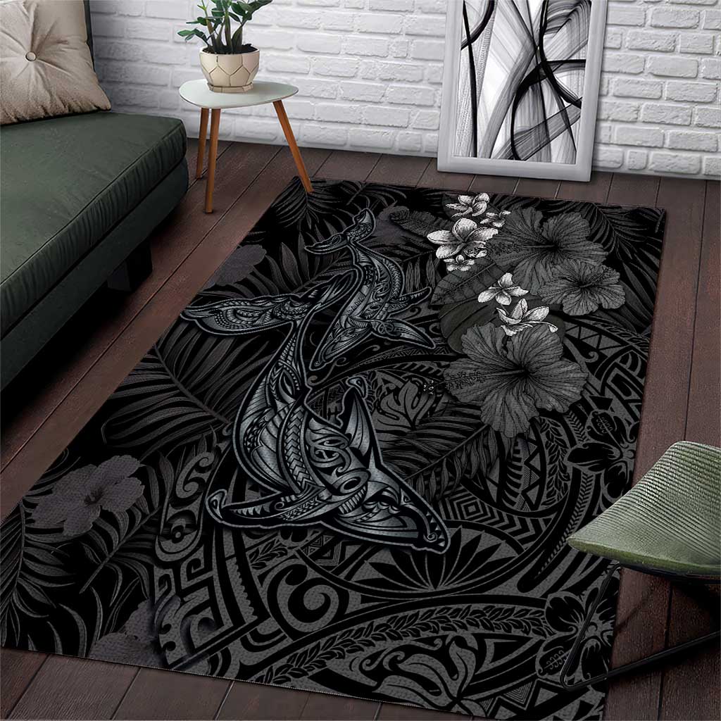 Hawaiian Tropical Plants and Tribal Whales Area Rug Polynesian Art Tattoo Grayscale
