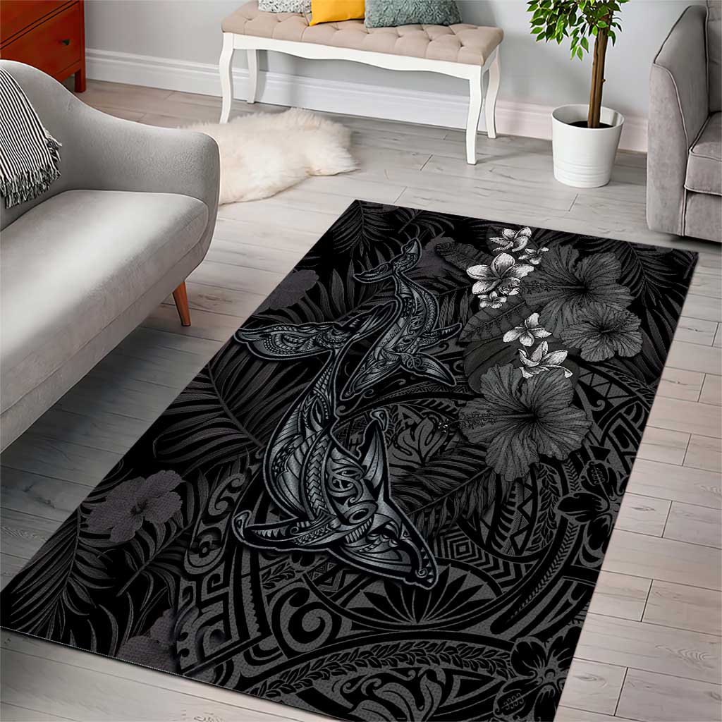 Hawaiian Tropical Plants and Tribal Whales Area Rug Polynesian Art Tattoo Grayscale LT03 - Polynesian Pride