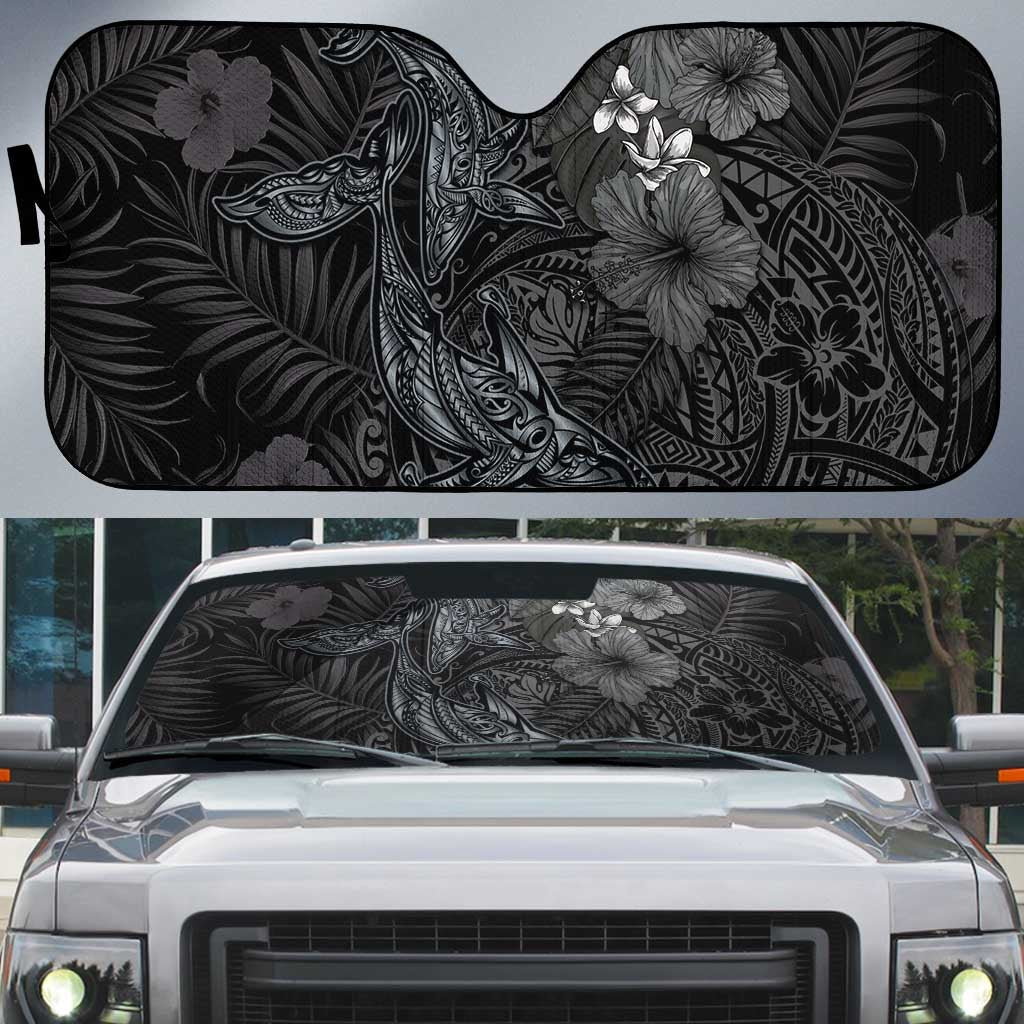 Hawaiian Tropical Plants and Tribal Whales Auto Sun Shade Polynesian Art Tattoo Grayscale LT03 Black - Polynesian Pride
