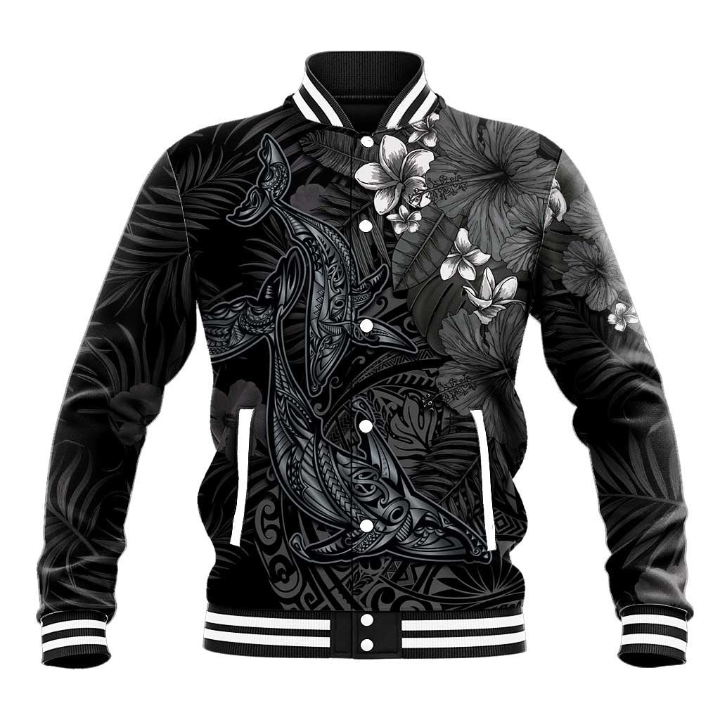 Hawaiian Tropical Plants and Tribal Whales Baseball Jacket Polynesian Art Tattoo Grayscale LT03 Unisex Black - Polynesian Pride