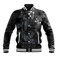 Hawaiian Tropical Plants and Tribal Whales Baseball Jacket Polynesian Art Tattoo Grayscale LT03 Unisex Black - Polynesian Pride