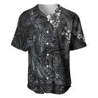 Hawaiian Tropical Plants and Tribal Whales Baseball Jersey Polynesian Art Tattoo Grayscale