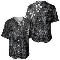Hawaiian Tropical Plants and Tribal Whales Baseball Jersey Polynesian Art Tattoo Grayscale