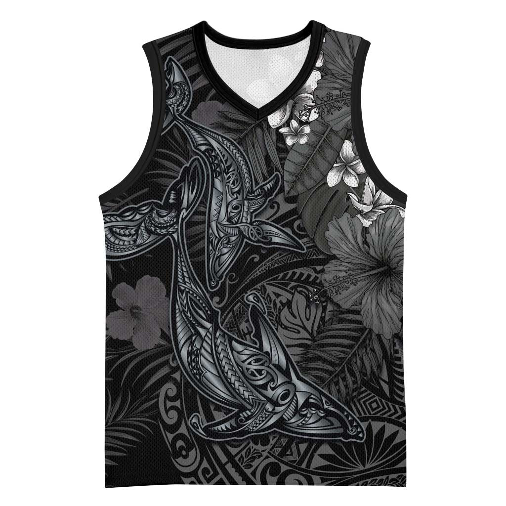 Hawaiian Tropical Plants and Tribal Whales Basketball Jersey Polynesian Art Tattoo Grayscale LT03 Unisex Black - Polynesian Pride