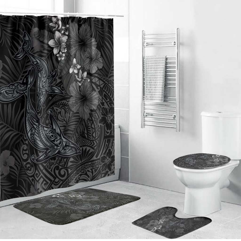 Hawaiian Tropical Plants and Tribal Whales Bathroom Set Polynesian Art Tattoo Grayscale LT03 Bathroom Set (4 pcs) Black - Polynesian Pride