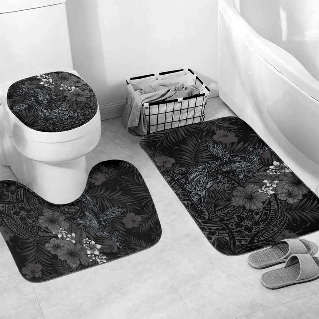 Hawaiian Tropical Plants and Tribal Whales Bathroom Set Polynesian Art Tattoo Grayscale LT03 Mat Set Only (3 pcs) One Size Black - Polynesian Pride