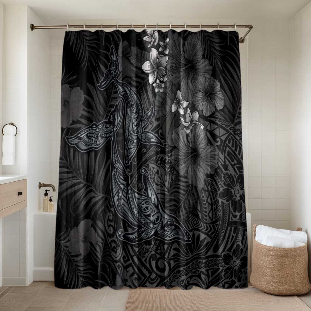 Hawaiian Tropical Plants and Tribal Whales Bathroom Set Polynesian Art Tattoo Grayscale LT03 Shower Curtain Only Black - Polynesian Pride