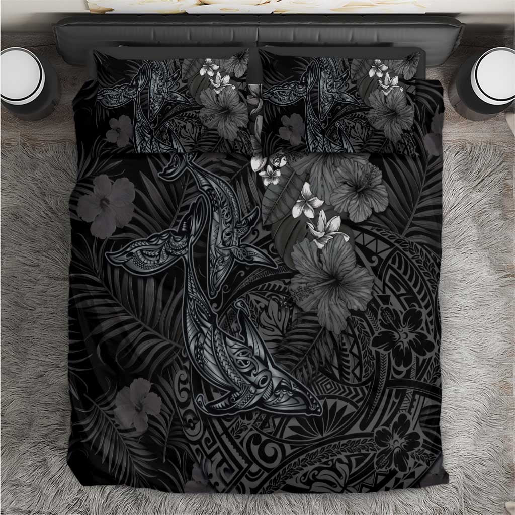 Hawaiian Tropical Plants and Tribal Whales Bedding Set Polynesian Art Tattoo Grayscale LT03 Black - Polynesian Pride