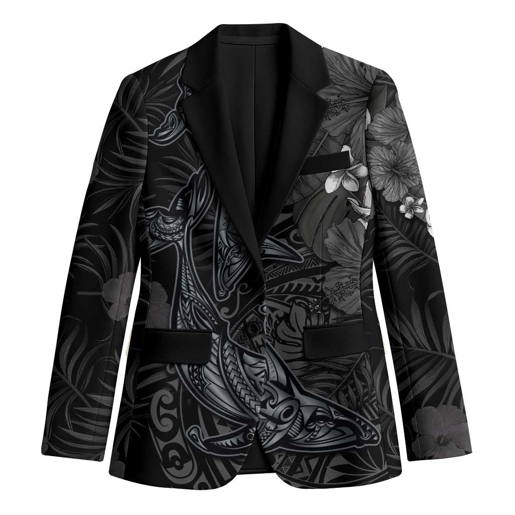 Hawaiian Tropical Plants and Tribal Whales Blazer Polynesian Art Tattoo Grayscale LT03 Unisex Black - Polynesian Pride