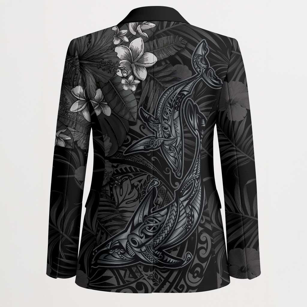 Hawaiian Tropical Plants and Tribal Whales Blazer Polynesian Art Tattoo Grayscale LT03 - Polynesian Pride