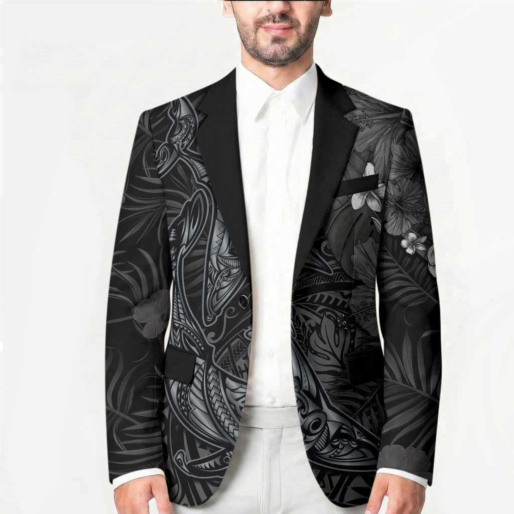 Hawaiian Tropical Plants and Tribal Whales Blazer Polynesian Art Tattoo Grayscale LT03 - Polynesian Pride