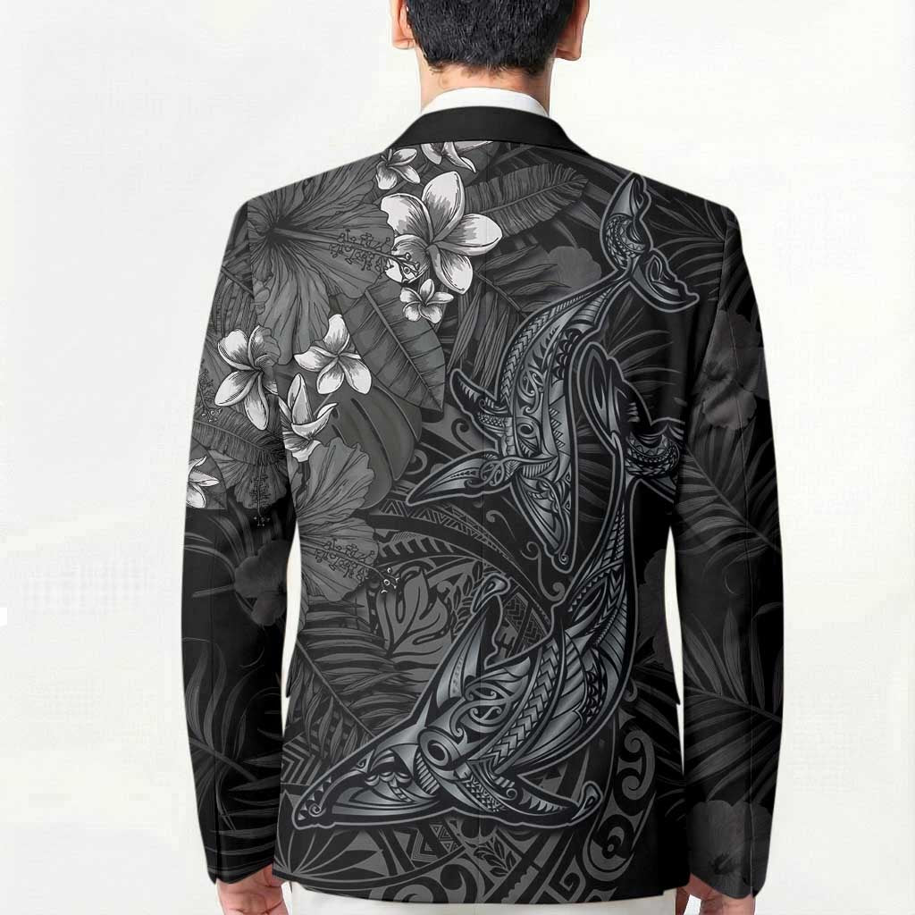Hawaiian Tropical Plants and Tribal Whales Blazer Polynesian Art Tattoo Grayscale LT03 - Polynesian Pride