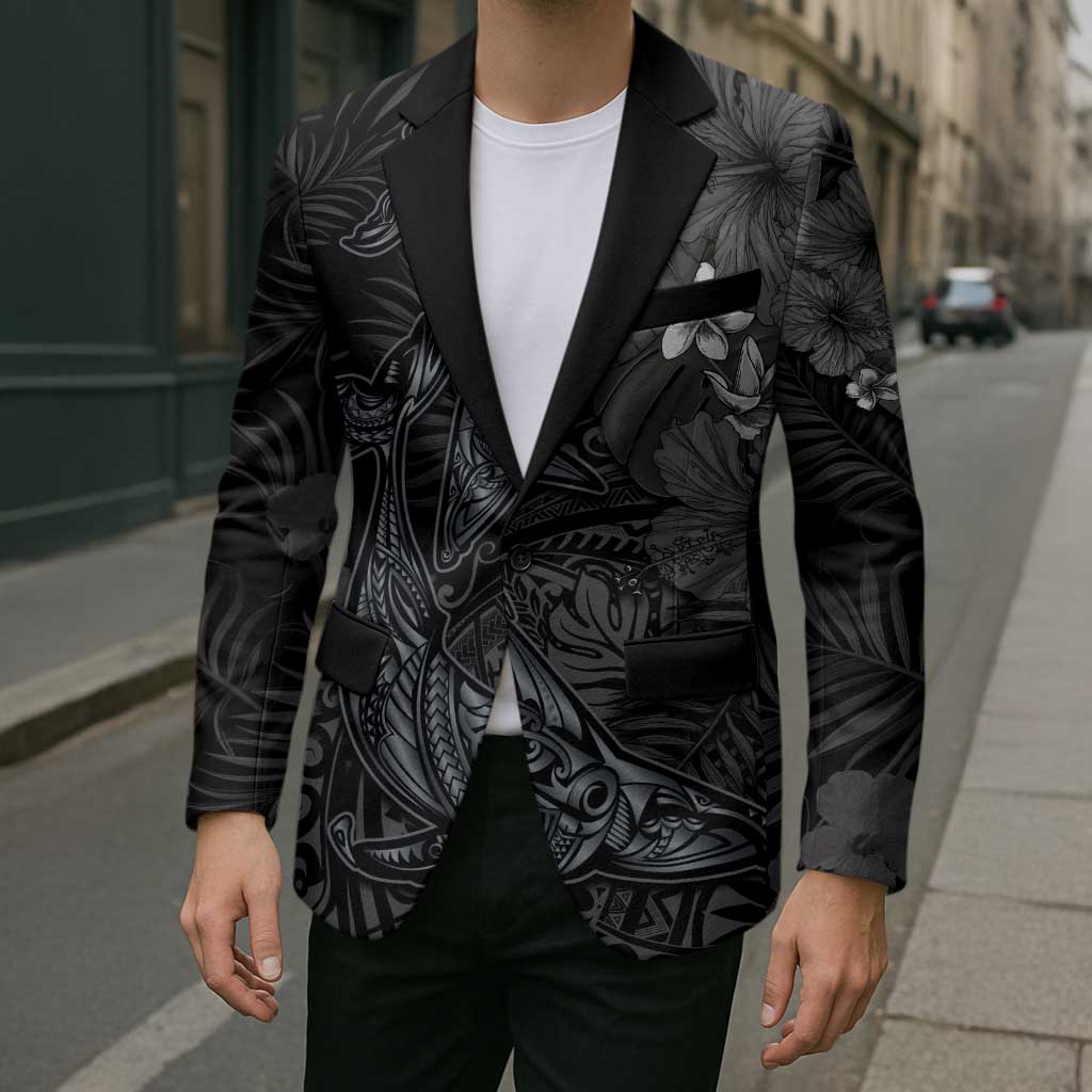 Hawaiian Tropical Plants and Tribal Whales Blazer Polynesian Art Tattoo Grayscale LT03 - Polynesian Pride
