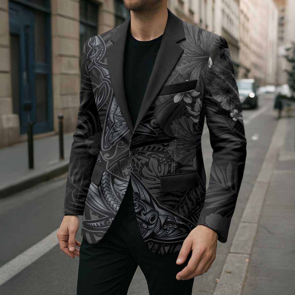 Hawaiian Tropical Plants and Tribal Whales Blazer Polynesian Art Tattoo Grayscale LT03 - Polynesian Pride