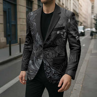 Hawaiian Tropical Plants and Tribal Whales Blazer Polynesian Art Tattoo Grayscale LT03 - Polynesian Pride