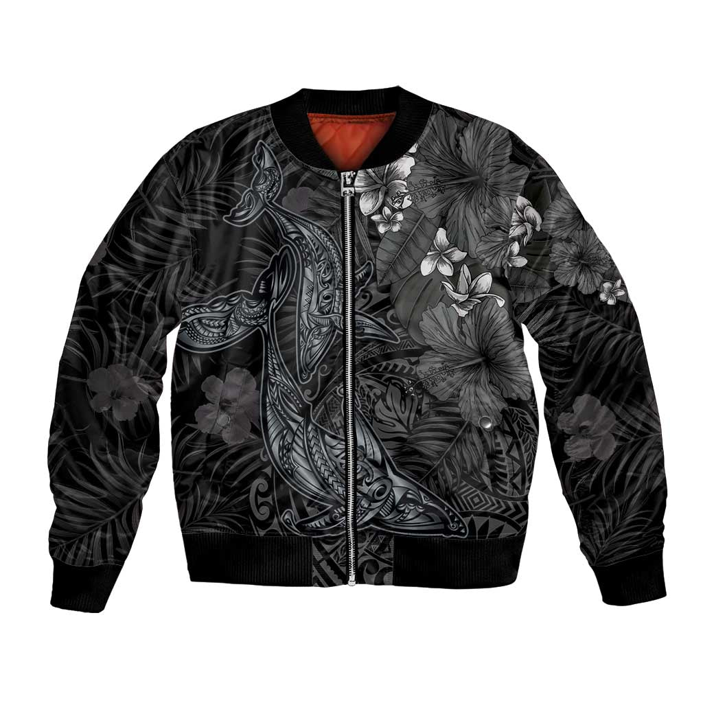 Hawaiian Tropical Plants and Tribal Whales Bomber Jacket Polynesian Art Tattoo Grayscale LT03 Unisex Black - Polynesian Pride