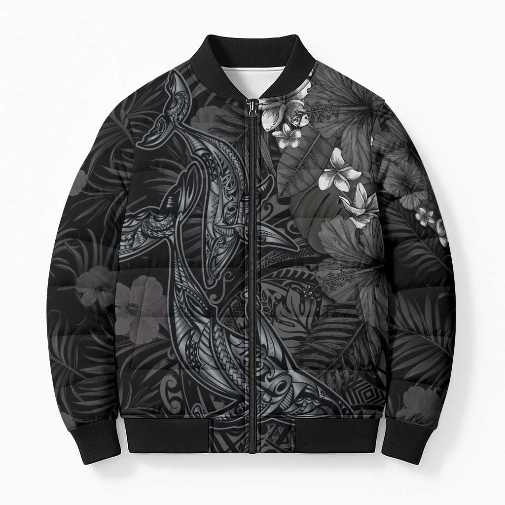 Hawaiian Tropical Plants and Tribal Whales Bomber Puffer Jacket Polynesian Art Tattoo Grayscale LT03 Unisex Black - Polynesian Pride