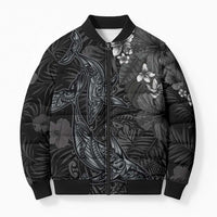 Hawaiian Tropical Plants and Tribal Whales Bomber Puffer Jacket Polynesian Art Tattoo Grayscale LT03 Unisex Black - Polynesian Pride