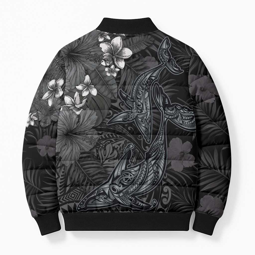 Hawaiian Tropical Plants and Tribal Whales Bomber Puffer Jacket Polynesian Art Tattoo Grayscale LT03 - Polynesian Pride