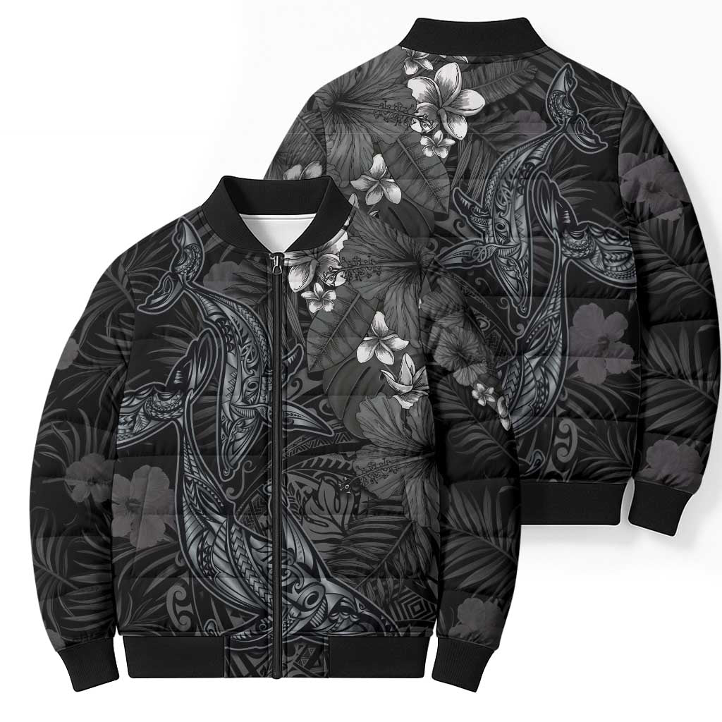 Hawaiian Tropical Plants and Tribal Whales Bomber Puffer Jacket Polynesian Art Tattoo Grayscale LT03 - Polynesian Pride