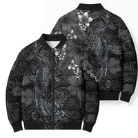 Hawaiian Tropical Plants and Tribal Whales Bomber Puffer Jacket Polynesian Art Tattoo Grayscale LT03 - Polynesian Pride