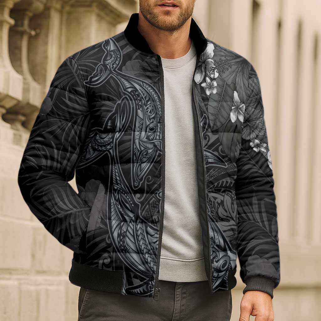 Hawaiian Tropical Plants and Tribal Whales Bomber Puffer Jacket Polynesian Art Tattoo Grayscale LT03 - Polynesian Pride