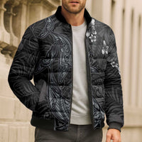 Hawaiian Tropical Plants and Tribal Whales Bomber Puffer Jacket Polynesian Art Tattoo Grayscale LT03 - Polynesian Pride