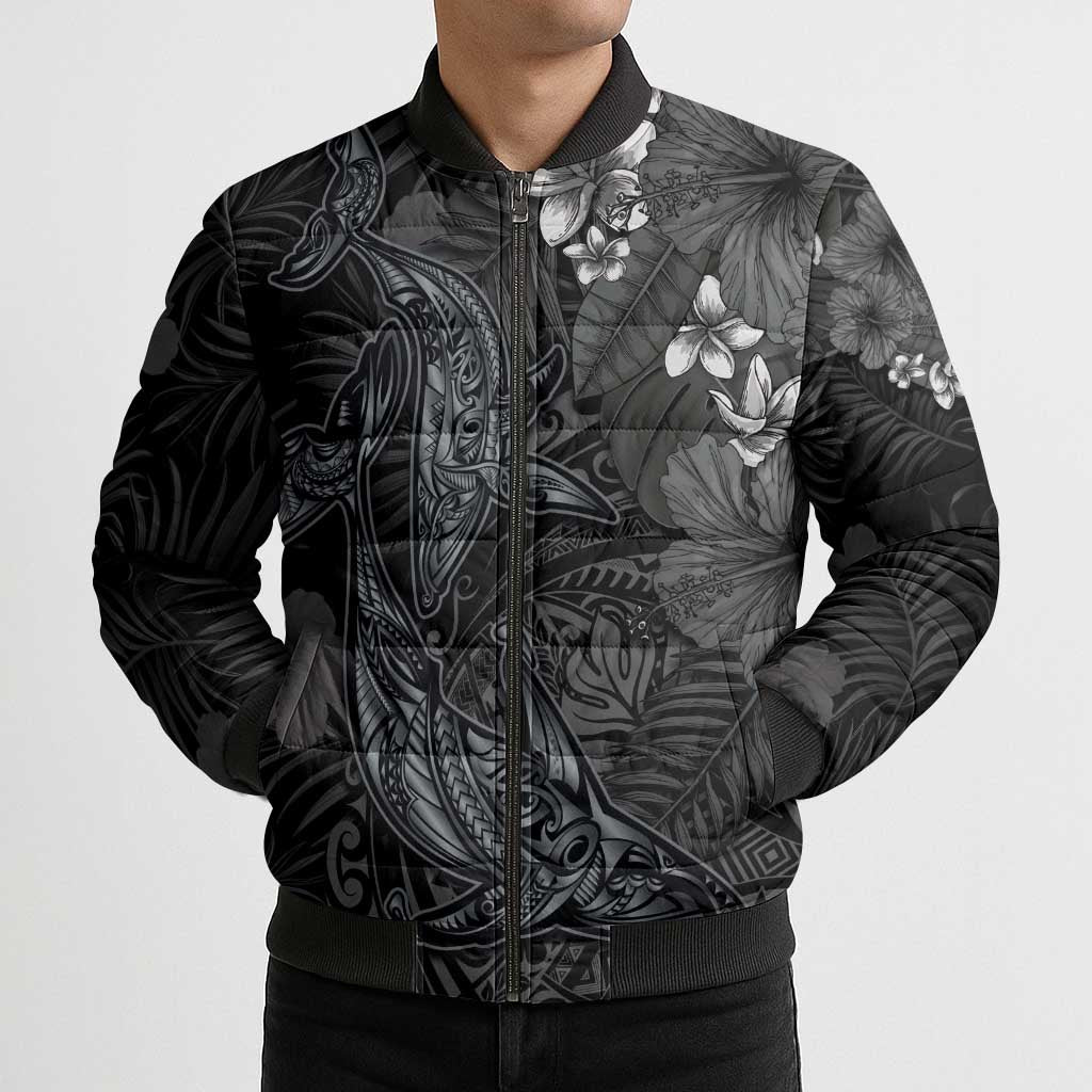 Hawaiian Tropical Plants and Tribal Whales Bomber Puffer Jacket Polynesian Art Tattoo Grayscale LT03 - Polynesian Pride