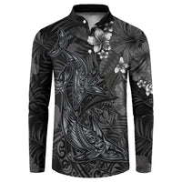Hawaiian Tropical Plants and Tribal Whales Button Sweatshirt Polynesian Art Tattoo Grayscale LT03 Black - Polynesian Pride