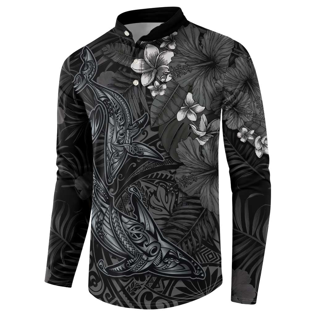 Hawaiian Tropical Plants and Tribal Whales Button Sweatshirt Polynesian Art Tattoo Grayscale LT03 - Polynesian Pride