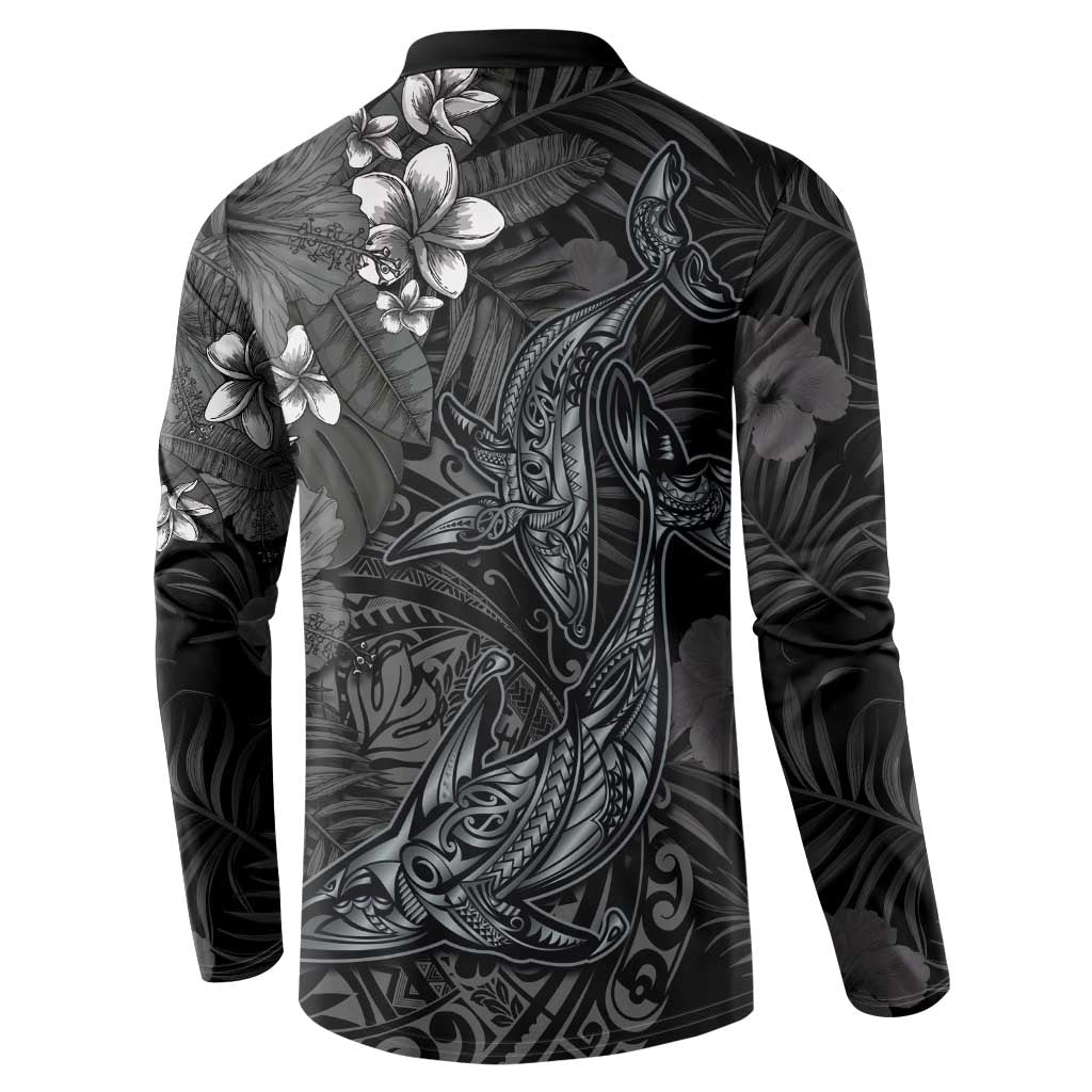Hawaiian Tropical Plants and Tribal Whales Button Sweatshirt Polynesian Art Tattoo Grayscale LT03 - Polynesian Pride