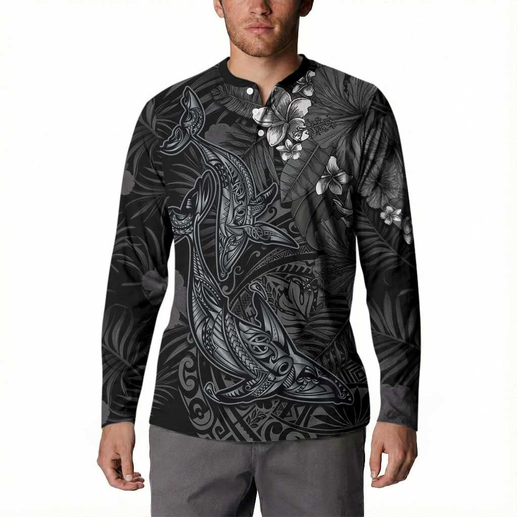 Hawaiian Tropical Plants and Tribal Whales Button Sweatshirt Polynesian Art Tattoo Grayscale LT03 - Polynesian Pride