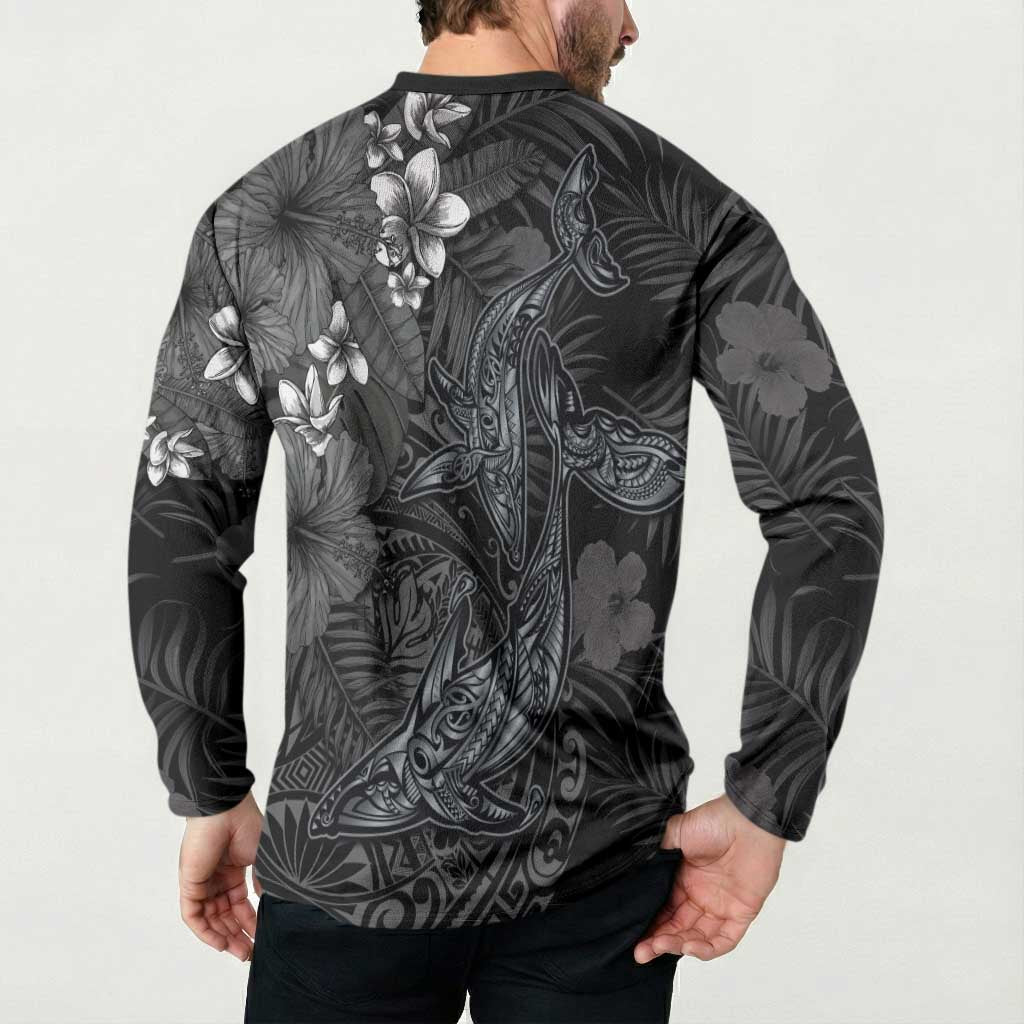 Hawaiian Tropical Plants and Tribal Whales Button Sweatshirt Polynesian Art Tattoo Grayscale LT03 - Polynesian Pride
