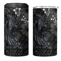 Hawaiian Tropical Plants and Tribal Whales 4 in 1 Can Cooler Tumbler Polynesian Art Tattoo Grayscale