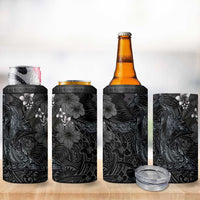 Hawaiian Tropical Plants and Tribal Whales 4 in 1 Can Cooler Tumbler Polynesian Art Tattoo Grayscale