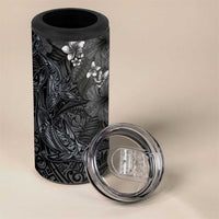 Hawaiian Tropical Plants and Tribal Whales 4 in 1 Can Cooler Tumbler Polynesian Art Tattoo Grayscale