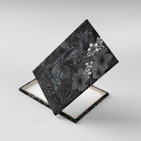 Hawaiian Tropical Plants and Tribal Whales Canvas Wall Art Polynesian Art Tattoo Grayscale LT03 With Frame Black - Polynesian Pride