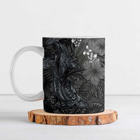 Hawaiian Tropical Plants and Tribal Whales Ceramic Mug Polynesian Art Tattoo Grayscale LT03 Black - Polynesian Pride