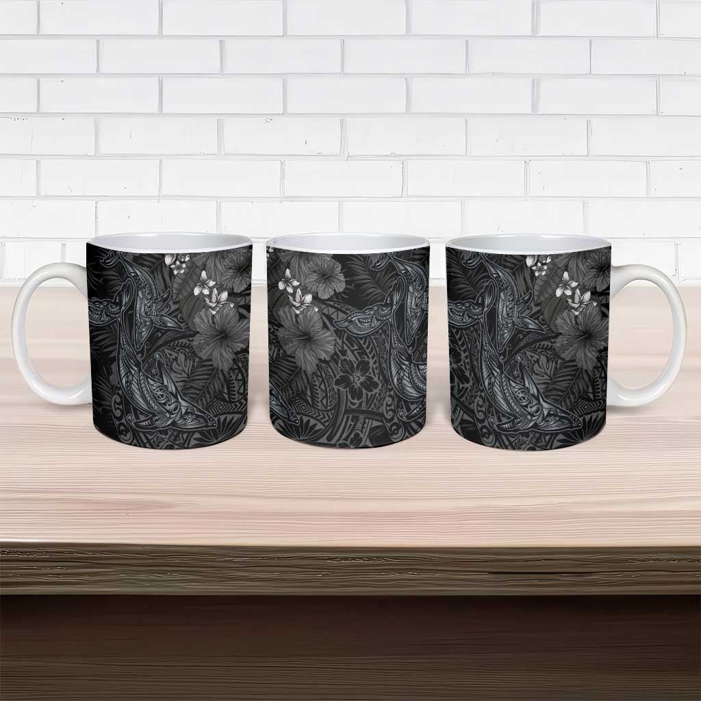 Hawaiian Tropical Plants and Tribal Whales Ceramic Mug Polynesian Art Tattoo Grayscale LT03 - Polynesian Pride