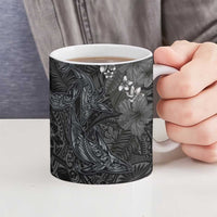 Hawaiian Tropical Plants and Tribal Whales Ceramic Mug Polynesian Art Tattoo Grayscale LT03 - Polynesian Pride