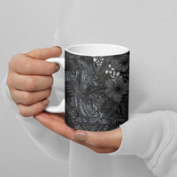 Hawaiian Tropical Plants and Tribal Whales Ceramic Mug Polynesian Art Tattoo Grayscale LT03 - Polynesian Pride