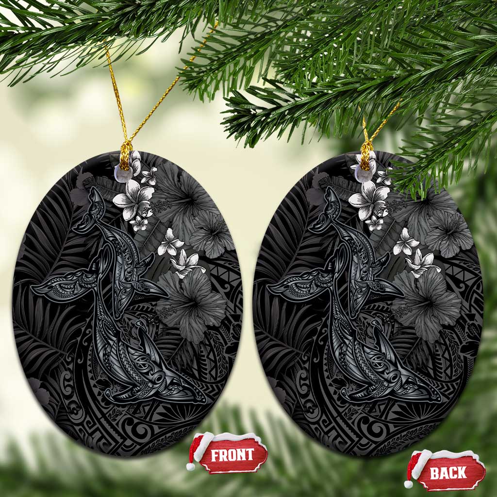Hawaiian Tropical Plants and Tribal Whales Ceramic Ornament Polynesian Art Tattoo Grayscale LT03 Oval Black - Polynesian Pride